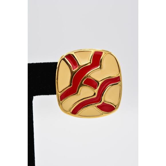 Monet Vintage Earrings Red Off White Cream Enamel Gold Chunky Tone 1970s BinAO - Picture 7 of 12